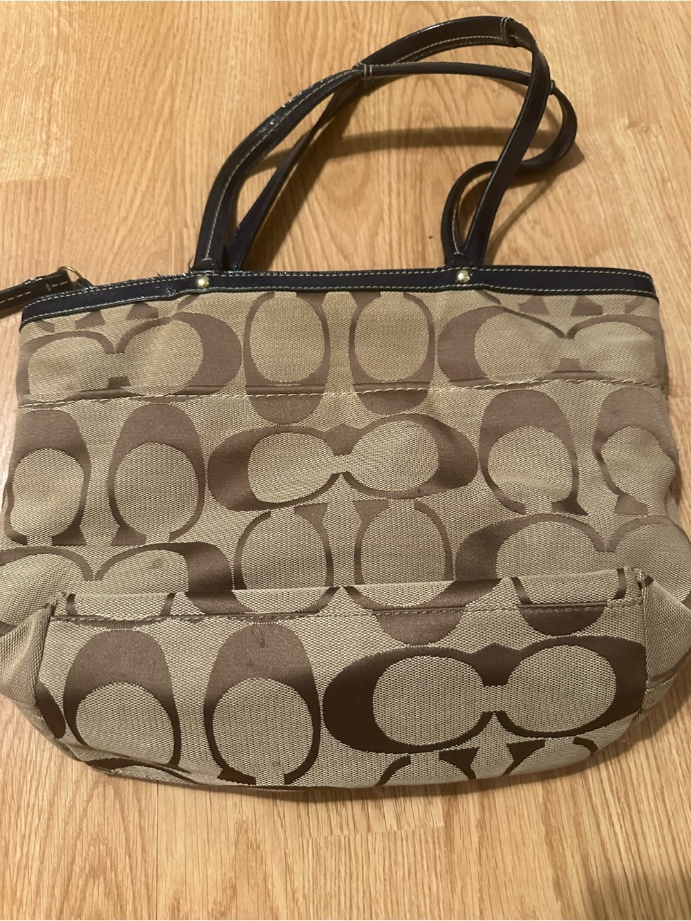 Coach Brown Signature Canvas Tote with Navy Center Stripe - Picture 4 of 11